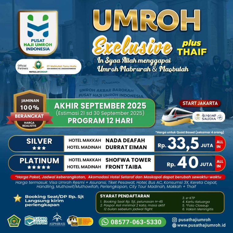 Paket Umroh Akhir September 2025, estimasi keberangkatan 21 sd 30 September 2025