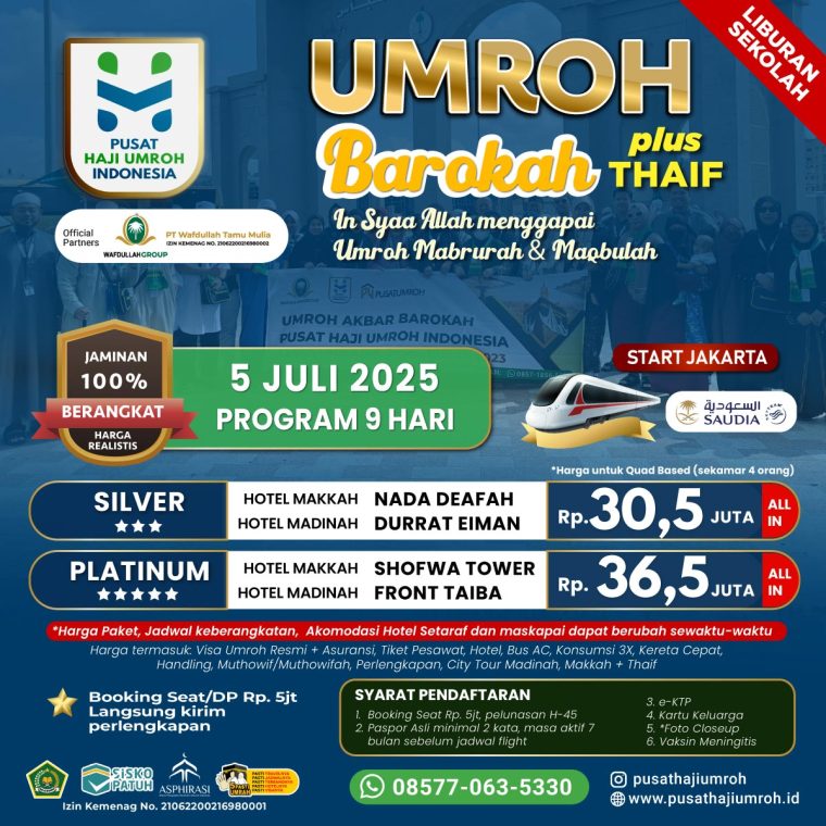 Paket Umroh 5 Juli 2025 Liburan Sekolah Biaya Murah plus Kereta Cepat