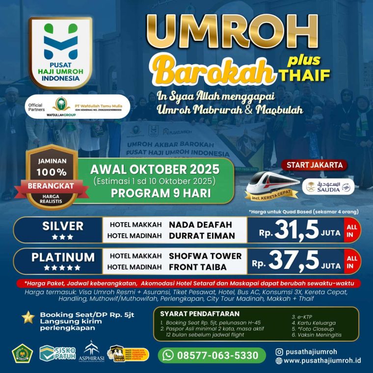 Umroh Awal Oktober 2025, 9 Hari, estimasi keberangkatan 1 sd 10 Oktober 2025
