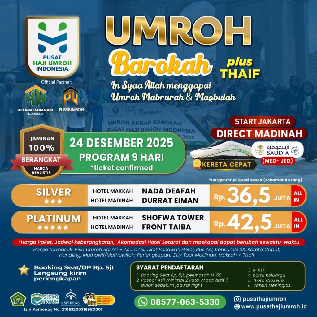 Umroh 24 Desember 2025 9 Hari Saudi Airlines Direct Madinah